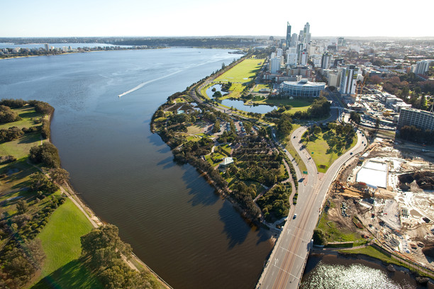 Aerial shot of East Perth and the Swan River.